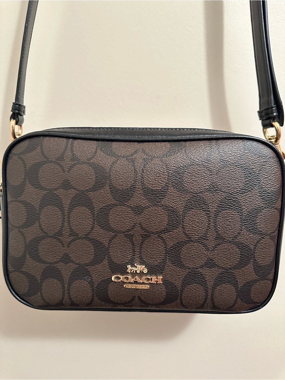 Coach Dark Brown Signature Crossbody Bag with Black Trim